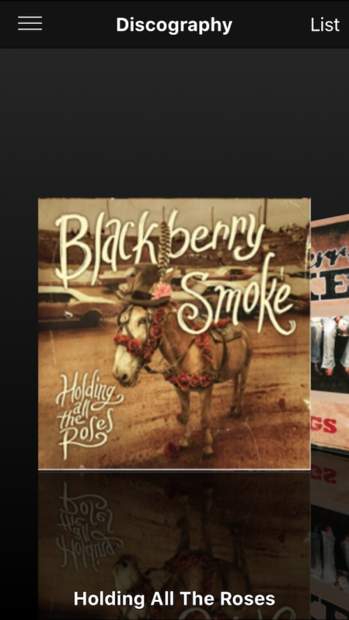 discography feature interface in mobile app for Blackberry Smoke country rock band